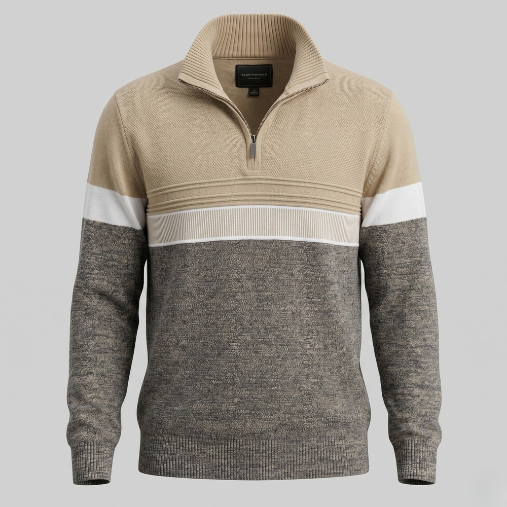 Six Lincoln Mens Small Tan Grey Pullover‎ Sweater Quarter Zip Colorblock